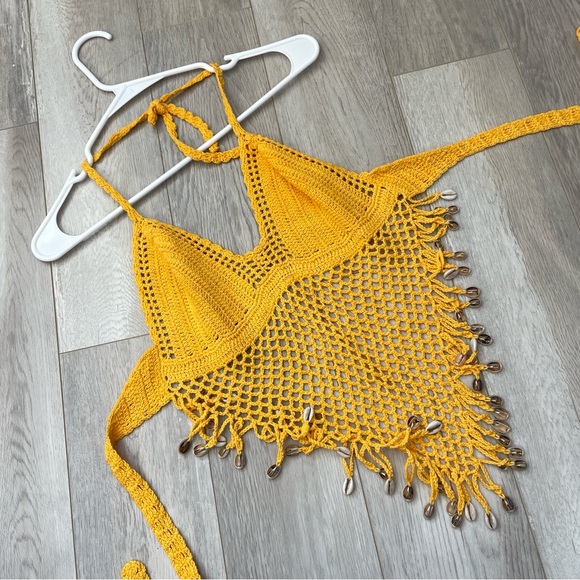 Island Planet Tops - Crochet Halter Tank Top shell fringe crop womens Yellow (small) beach festival